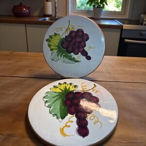 Pier 1 Hand Painted Grapes Trivet Made in Italy Terra Cotta 7.5” Footed Set of 2